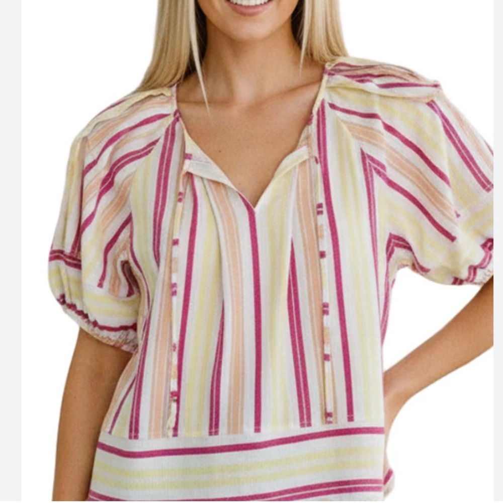 🌹Como Black - Vibrant Striped Multicolor Women's Top w/ Pearl Strings - Size XL